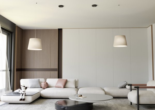 Ascot Ø38 Beige hanglamp Van Emibig Lighting - De met textiel beklede lampenkap in een zachte, gedempte kleur verspreidt een aangenaam en diffuus licht, waardoor er een warme sfeer in de kamer ontstaat.