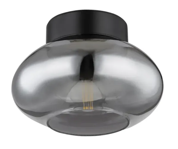 Shaun Ø18 Rookkleurig plafondlamp Van Globo Lighting - Lampan &auml;r tillverkad av mattsvart metall och &auml;r smyckad med en oval sk&auml;rm i r&ouml;kf&auml;rgat glas.