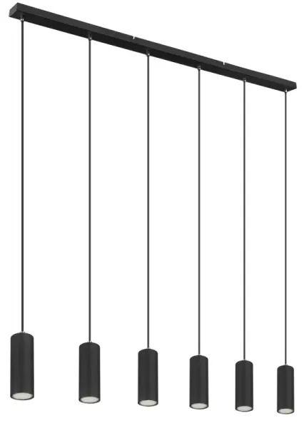 Robby 115cm Zwart hanglamp Van Globo Lighting - Fr&aring;n den 115 cm l&aring;nga takmonteringen l&ouml;per sex kablar, var och en utrustad med en GU10-sockel.