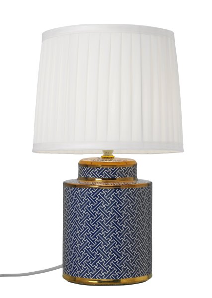 Maze 40cm Blauw tafellamp Van Cottex - De keramische tafellamp Maze heeft een elegant blauw-wit patroon met exclusieve gouden details die de lamp een verfijnde uitstraling geven.