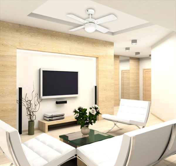 Colosseum Ø90 Wit Van Westinghouse - Het witte oppervlak, de omkeerbare bladeren in de afwerking wit en licht esdoorn en de kap van mat opaalglas geven de kamer een modern tintje.