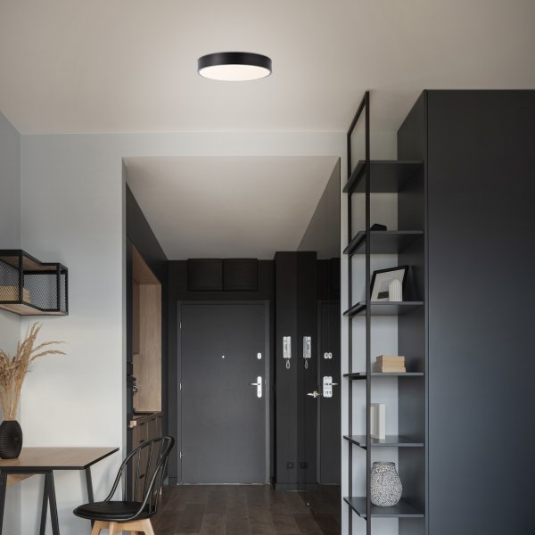 Slimline Ø33 Zwart plafondlamp Van Brilliant - Ondanks zijn formaat heeft hij een hoge lichtsterkte van 2400 lumen en een warmwitte lichtkleur van 3000 Kelvin, wat een aangename sfeer cre&euml;ert.