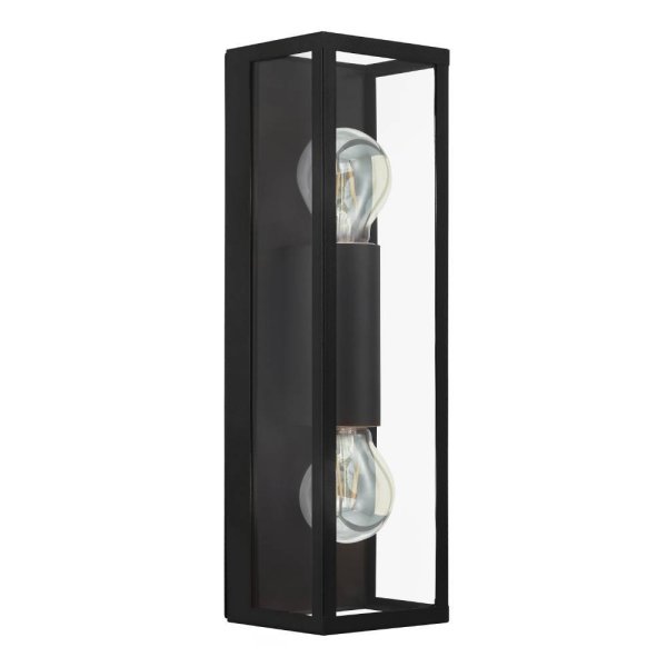 Amezola 38cm Zwart badkamerlamp Van Eglo - Door de rechthoekige vorm en de twee zichtbare lichtbronnen heeft de lamp een trendy, industriële uitstraling en verspreidt hij aangenaam licht.