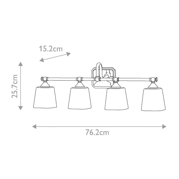 Concord 76cm Chroom badkamerlamp Van Elstead Lighting - Deze is voorzien van vier zacht gevormde, opaalwitte glaskappen die een aangenaam en egaal licht verspreiden, ideaal voor badkamers.