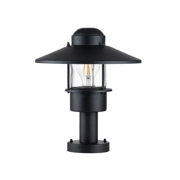 Klampenborg 32cm Zwart Van Elstead Lighting - Tillverkad av rostfritt st&aring;l i svart finish och glas, erbjuder den en robust konstruktion som st&aring;r emot v&auml;der och vind.