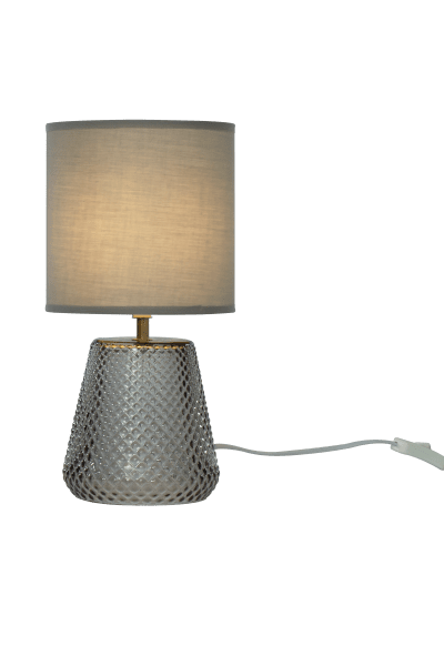 Alissa 35cm Rookkleurig tafellamp Van Aneta Lighting - Met een voet van prachtig gestructureerd rookglas met een spiegelende afwerking en een grijze textielen kap die een zacht en aangenaam licht verspreidt.