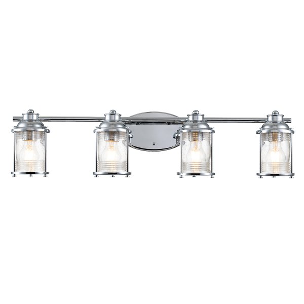 Ashland Bay 85cm Chroom badkamerlamp Van Elstead Lighting - Gemaakt van staal en glas, heeft het een luxe gepolijste chromen afwerking en vier prachtig getextureerde glazen die het licht verspreiden.