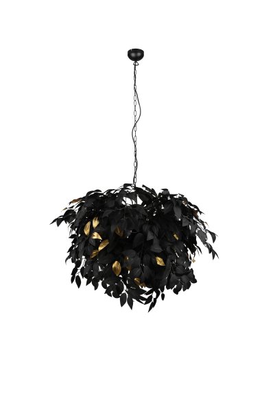 Leavy Ø70 Zwart hanglamp Van Trio Lighting - De stijl van de lamp past bij Young Living en de combinatie van zwarte en gouden bladeren en een matzwarte kap maken dat de lamp eenvoudig te integreren is in verschillende kleurconcepten.