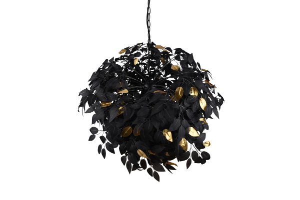 Leavy Ø70 Zwart hanglamp Van Trio Lighting - De stijl van de lamp past bij Young Living en de combinatie van zwarte en gouden bladeren en een matzwarte kap maken dat de lamp eenvoudig te integreren is in verschillende kleurconcepten.