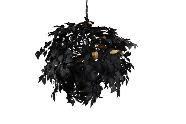 Leavy Ø70 Zwart hanglamp Van Trio Lighting - De stijl van de lamp past bij Young Living en de combinatie van zwarte en gouden bladeren en een matzwarte kap maken dat de lamp eenvoudig te integreren is in verschillende kleurconcepten.