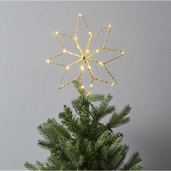 Kerstboomster Topsy Goud Van Star Trading - Werkt op batterijen en is voorzien van een klem voor eenvoudige montage in de kerstboom.