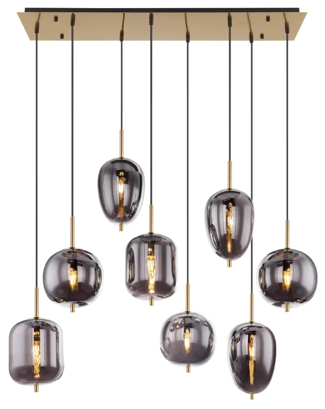 Blacky 102cm Messing hanglamp Van Globo Lighting - Den 102,5 cm l&aring;nga pendellampan har en rektangul&auml;r m&auml;ssingsf&auml;rgad metallplatta, fr&aring;n denna h&auml;nger &aring;tta svarta kablar med runda, r&ouml;kf&auml;rgade glasglober i olika former.