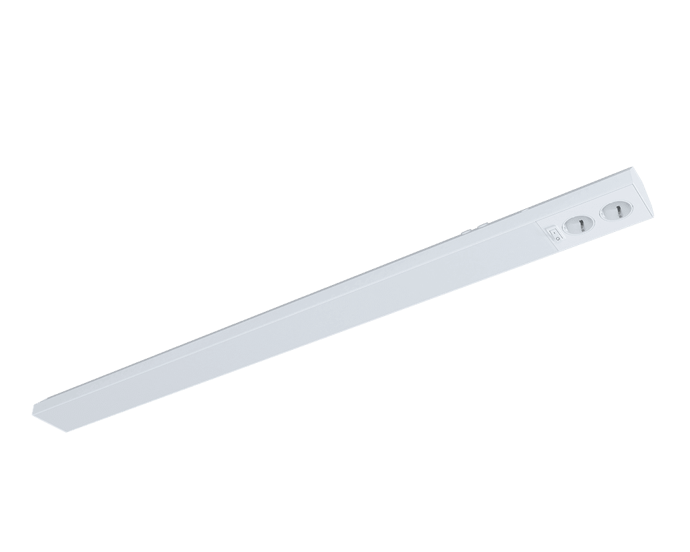 Acis Wandcontactdoos 110cm Wit Van Westal - Gemaakt van geëxtrudeerd aluminium met een opaal diffuser, voorzien van dubbele kabelingangen en een tuimelschakelaar aan de voorkant.