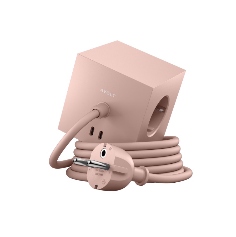 Square 1 with 30W Dual USBC & Magnetic base, 3m Roze Van Avolt - Stekkerdoos van Avolt met een stijlvol design met een lang PVC-snoer, een kubus van gerecycled plastic en een magnetisch plaatje aan de onderkant, zodat u de stekkerdoos gemakkelijk aan de muur kunt hangen.