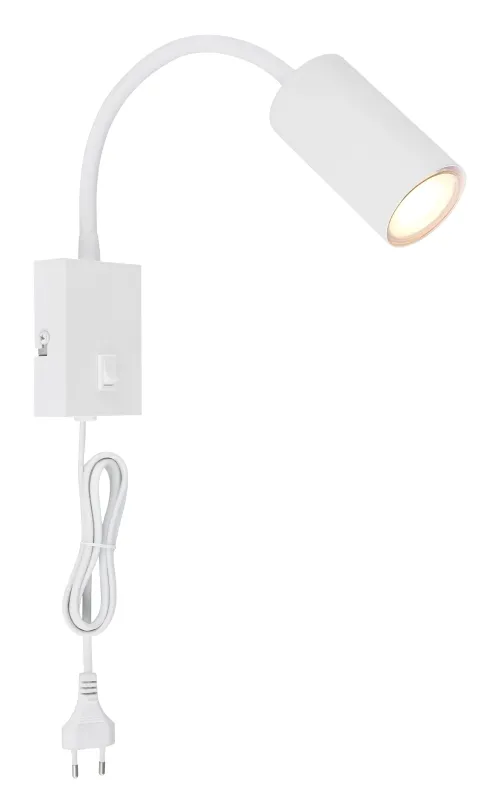 Robby Wit leeslamp Van Globo Lighting - Robby &auml;r en klassisk, kompakt v&auml;gglampa tillverkad i plast och mattvit metall, vilket ger en stilren och modern look.