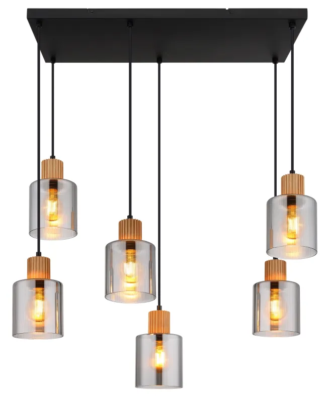 Aleidis 67cm Rookkleurig hanglamp Van Globo Lighting - Sex dekorativa glaskupor med tr&auml;detaljer h&auml;nger fr&aring;n en mattsvart metallstomme, vilket skapar en harmonisk balans mellan modern och rustik estetik.