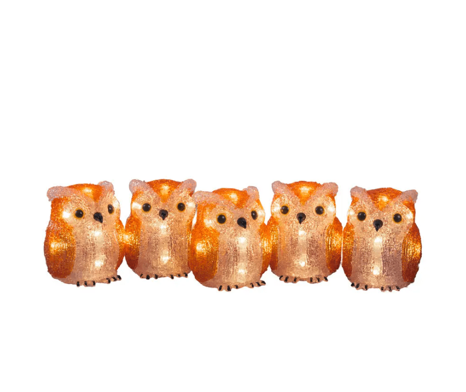 Uilenfamilie 40 LED Oranje Van Konstsmide - Met een afstand van &eacute;&eacute;n meter tussen elke uil heeft de lamp voldoende ruimte om te schijnen, en het discrete, transparante snoer past mooi in de omgeving.