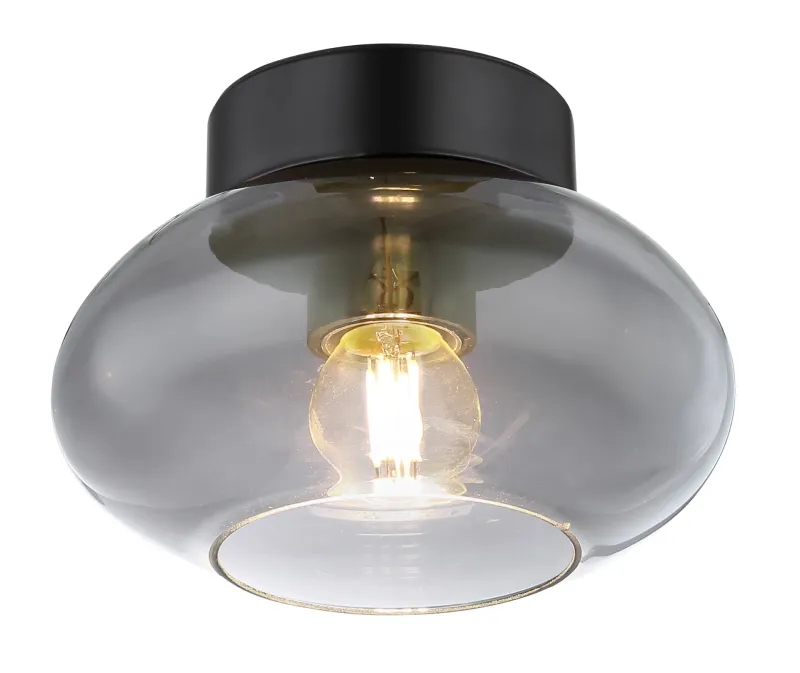 Shaun Ø18 Rookkleurig plafondlamp Van Globo Lighting - Lampan &auml;r tillverkad av mattsvart metall och &auml;r smyckad med en oval sk&auml;rm i r&ouml;kf&auml;rgat glas.