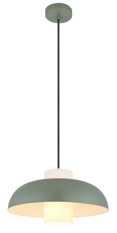 Lowe Ø38 Groente hanglamp Van Globo Lighting - Den runda sk&auml;rmen i matt gr&ouml;nf&auml;rgad metall ger ett elegant och tidl&ouml;st uttryck, medan den cylinderformade sk&auml;rmen i opalglas sprider ett mjukt och behagligt ljus.