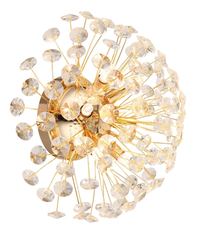 Katrina Ø40 Goud wandlamp Van Globo Lighting - Den runda stommen i guldf&auml;rgad metall och den halvsf&auml;riska sk&auml;rmen i klara K9-kristaller skapar en lyxig och inbjudande atmosf&auml;r.