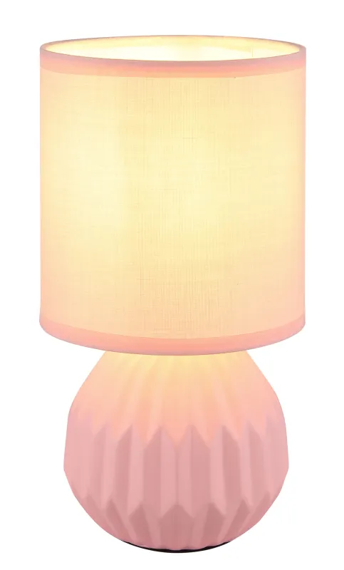 Sylas 23cm Roze tafellamp Van Globo Lighting - Den rundade keramiska basen i elegant rosa och den matchande cylindriska textilsk&auml;rmen skapar en harmonisk och modern estetik.