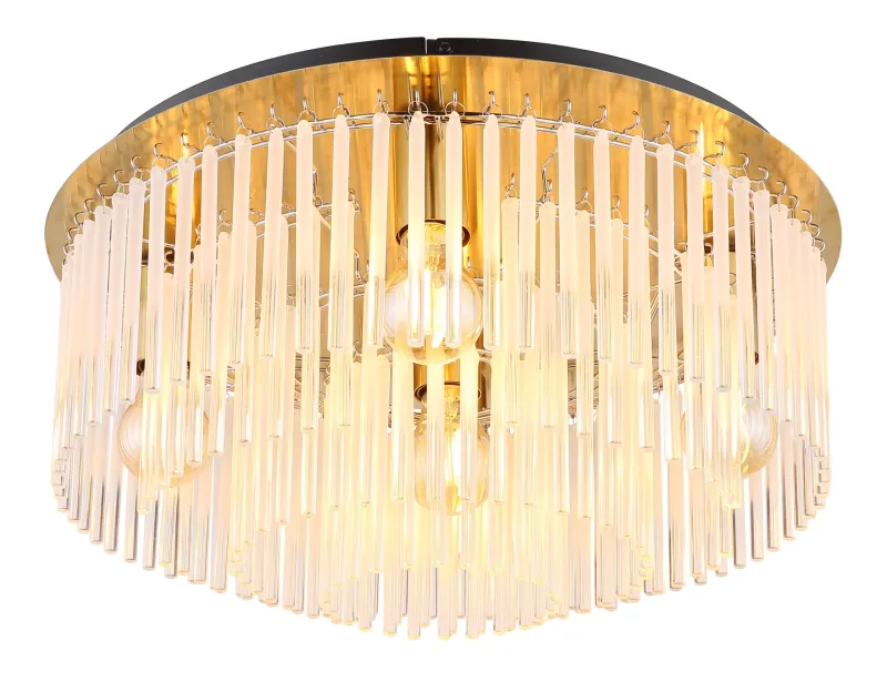 Gorley Ø50 Goud plafondlamp Van Globo Lighting - Dess design imponerar med en stilfull kombination av guldf&auml;rgad metall och dekorativa stavar i opalglas.