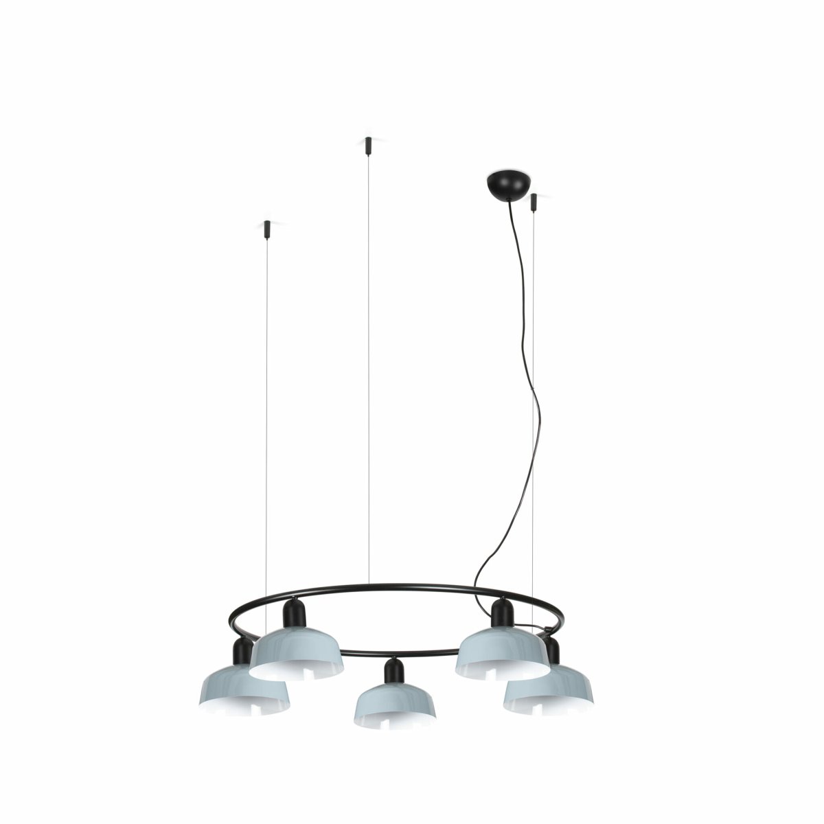 Tatawin Ø90 Grijsblauw hanglamp Van Faro Barcelona - Tatawin is een plafondlamp met een zwarte structuur en vijf grijsblauwe metalen kappen die een gericht, vloeiend licht verspreiden.