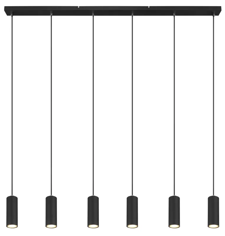 Robby 115cm Zwart hanglamp Van Globo Lighting - Fr&aring;n den 115 cm l&aring;nga takmonteringen l&ouml;per sex kablar, var och en utrustad med en GU10-sockel.