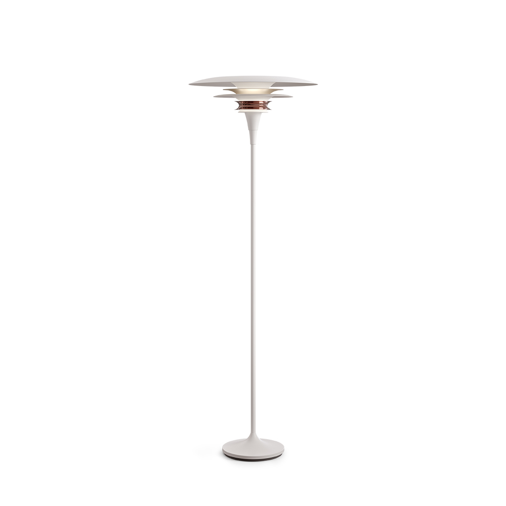 Diablo Ø50 Wit/rosé vloerlamp Van Belid - De lamp is verkrijgbaar in diverse kleurencombinaties, met name in een opvallende mix van mat wit en roze, wat een moderne en tegelijkertijd dramatische uitstraling geeft.