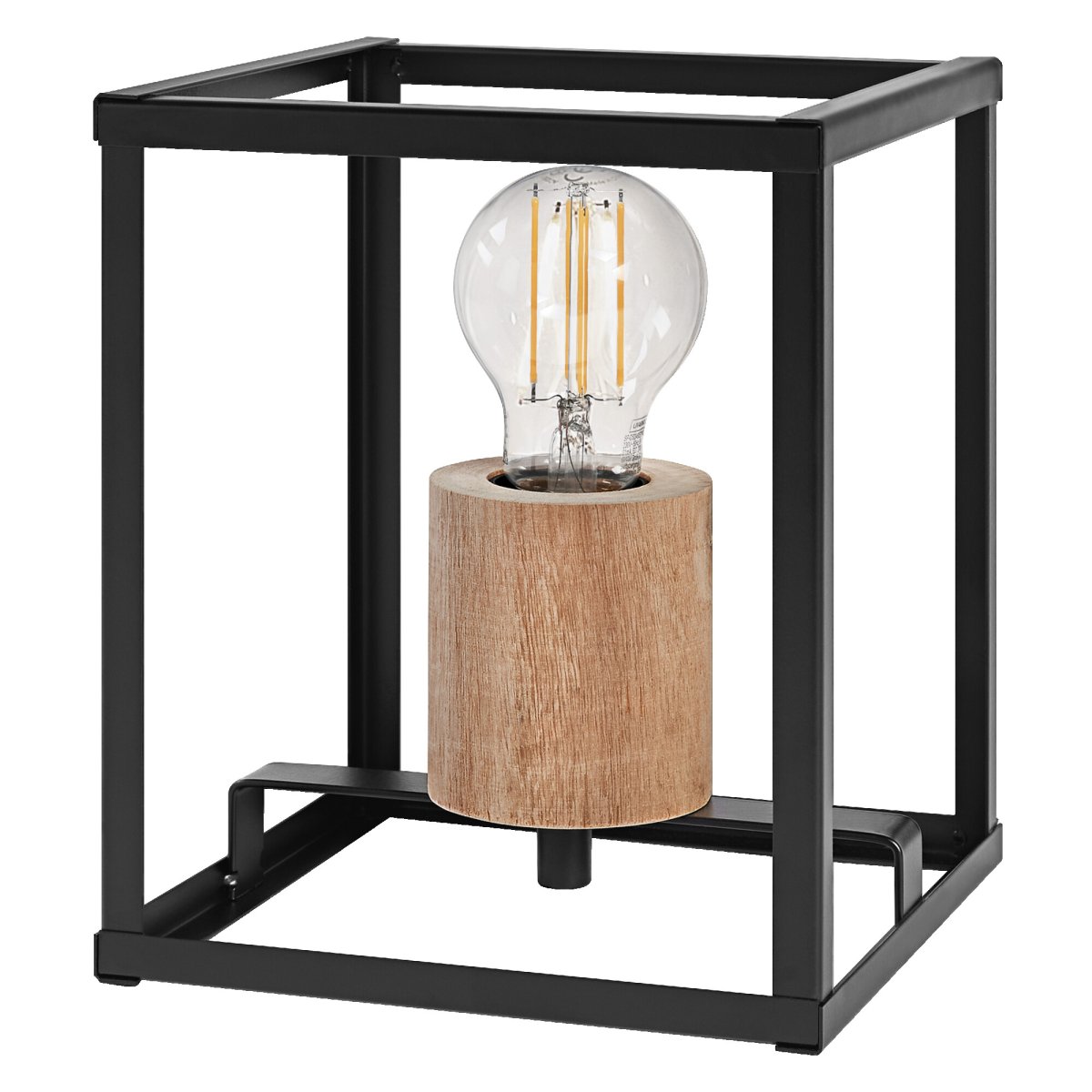 Nairobi 20cm Zwart tafellamp Van Ledvance - Het open, geometrische metalen frame in het zwart zorgt voor een luchtige en elegante uitstraling, terwijl de prachtige houten details een warme en uitnodigende sfeer cre&euml;ren.