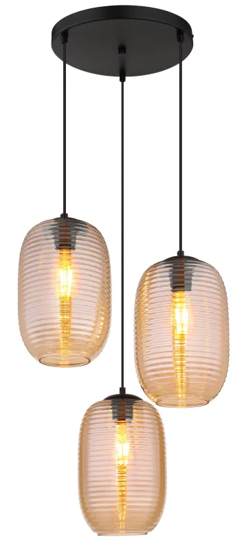 Jefrey Ø47 Amber hanglamp Van Globo Lighting - Denna eleganta taklampa har en rund form och &auml;r utrustad med tre rundade glaskupor i varm b&auml;rnstensf&auml;rg.