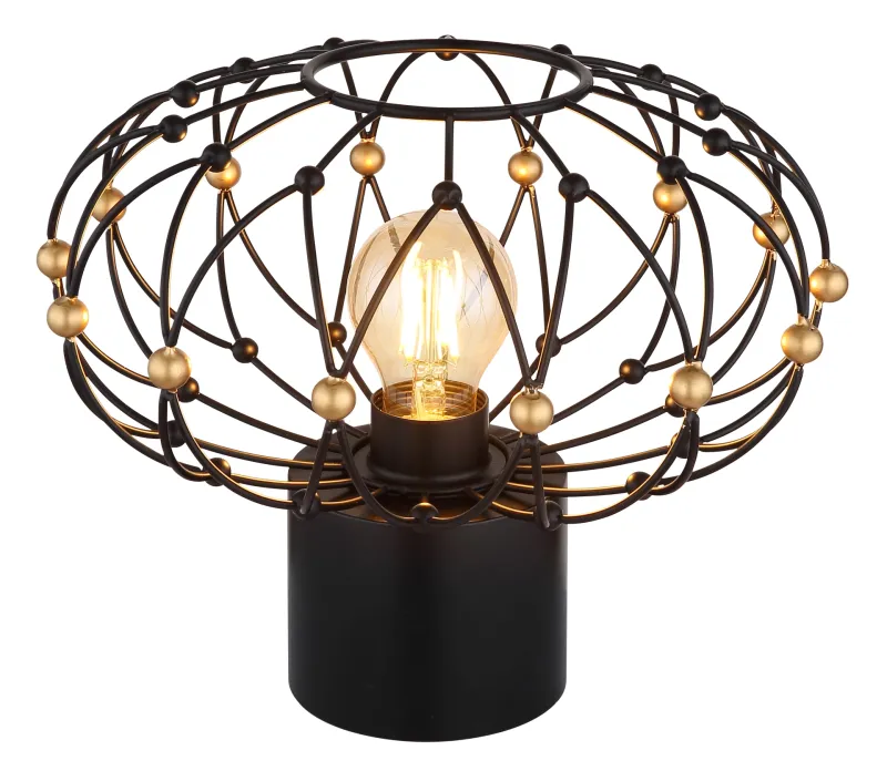 Greys 25cm Zwart tafellamp Van Globo Lighting - Den runda metallsk&auml;rmen i mattsvart med dekorativa guldf&auml;rgade detaljer ger lampan ett sofistikerat uttryck och blir ett stilfullt inslag i hemmet.