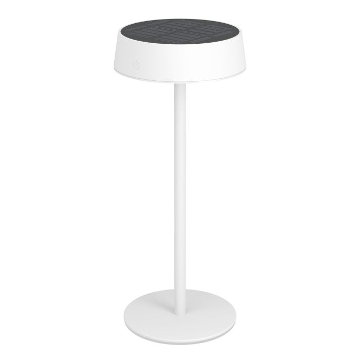 Simeri 30cm Wit solarlamp Van Eglo - De lamp laadt u eenvoudig op via het zonnepaneel of de meegeleverde USB-kabel en beschikt over een touchdimmer met drie helderheidsniveaus, waarmee u de verlichting naar wens kunt aanpassen.