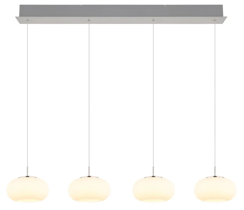 Quintara 110cm Nikkel hanglamp Van Globo Lighting - Quintara&nbsp;&auml;r en stilren och modern takpendel med en rak metallram och fyra runda, sf&auml;riska glaskupor.
