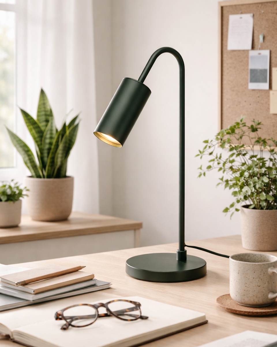 Curve 50cm Donkergroen bureaulamp Van By Rydéns - Het ontwerp combineert strakke, slanke lijnen met een zachte, speelse curve die de lamp een moderne uitstraling geeft.