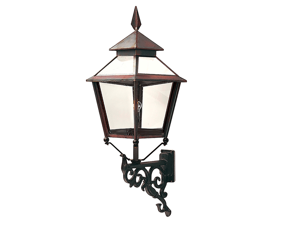 Eriksberg Geoxideerd koper buitenlamp Van Westal - De lantaarn heeft een onderkant van antiek zwart smeedijzer en een bovenkant van sterk geoxideerd koper, wat hem een elegant en tijdloos design geeft.