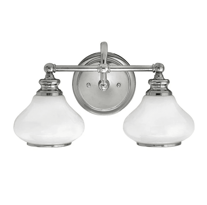Ainsley 40cm Gepolijst chroom badkamerlamp Van Elstead Lighting - De koepelvormige opalen glazen kappen zorgen voor een zacht en aangenaam licht en zijn gecombineerd met elegant gepolijst chroom dat de finishing touch geeft.