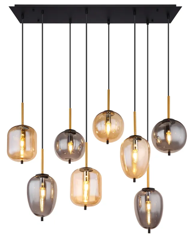 Blacky 102cm Amber hanglamp Van Globo Lighting - De &aring;tta r&ouml;k- och amberf&auml;rgade glasgloberna i olika former h&auml;nger fr&aring;n en svart, rektangul&auml;r takplatta och kan justeras upp till 120 cm fr&aring;n taket.