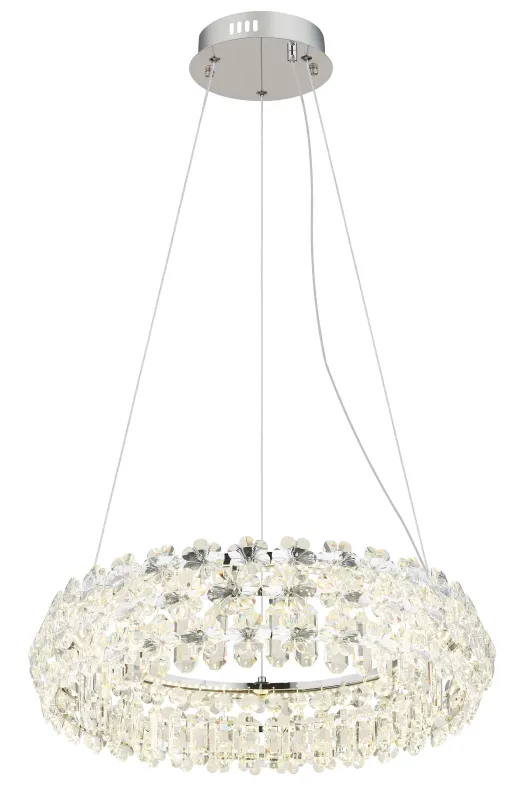 Diann Ø60 Chroom hanglamp Van Globo Lighting - Med en diameter p&aring; 60 cm och en imponerande ljusstyrka p&aring; 4460 lumen ger den en kraftfull och j&auml;mn belysning.