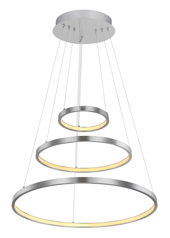 Ralph Ø50 Nikkel hanglamp Van Globo Lighting - Designad med tre ringar och en h&ouml;jd p&aring; 120 cm, ger den ett unikt och stilrent uttryck.