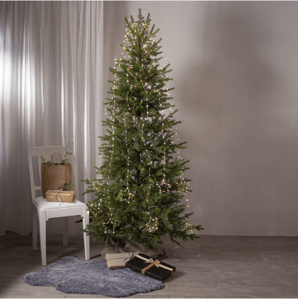 Kerstboomverlichting Dew Drop 2m Zilver Van Star Trading - 8 snaren met een decoratieve metalen ster aan de onderkant.