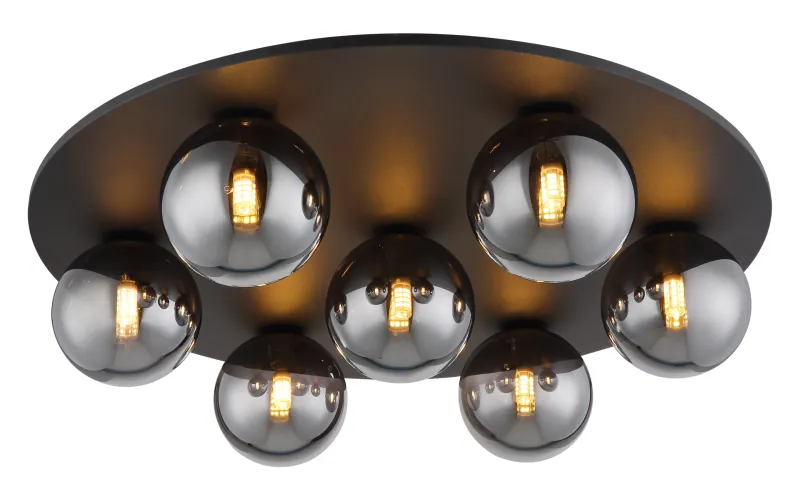 Riha Ø60 Rookkleurig plafondlamp Van Globo Lighting - Den mattsvarta metallen i kombination med 7st r&ouml;kf&auml;rgade glas ger ett sofistikerat uttryck och passar perfekt in i olika inredningsstilar.