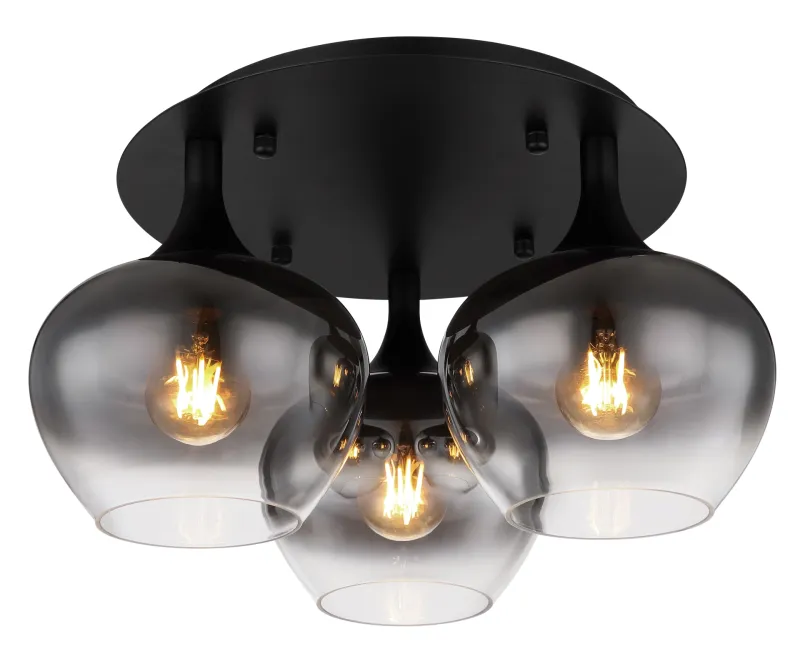Maxy Ø45 Rookkleurig plafondlamp Van Globo Lighting - P&aring; en rund takplatta av matttsvart metall sitter tre vackert formade r&ouml;kf&auml;rgade glaskupor.