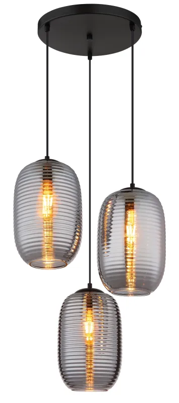 Jefrey Ø47 Rookkleurig hanglamp Van Globo Lighting - Denna eleganta taklampa har en rund form och &auml;r utrustad med tre rundade kupor i r&ouml;kf&auml;rgat glas.