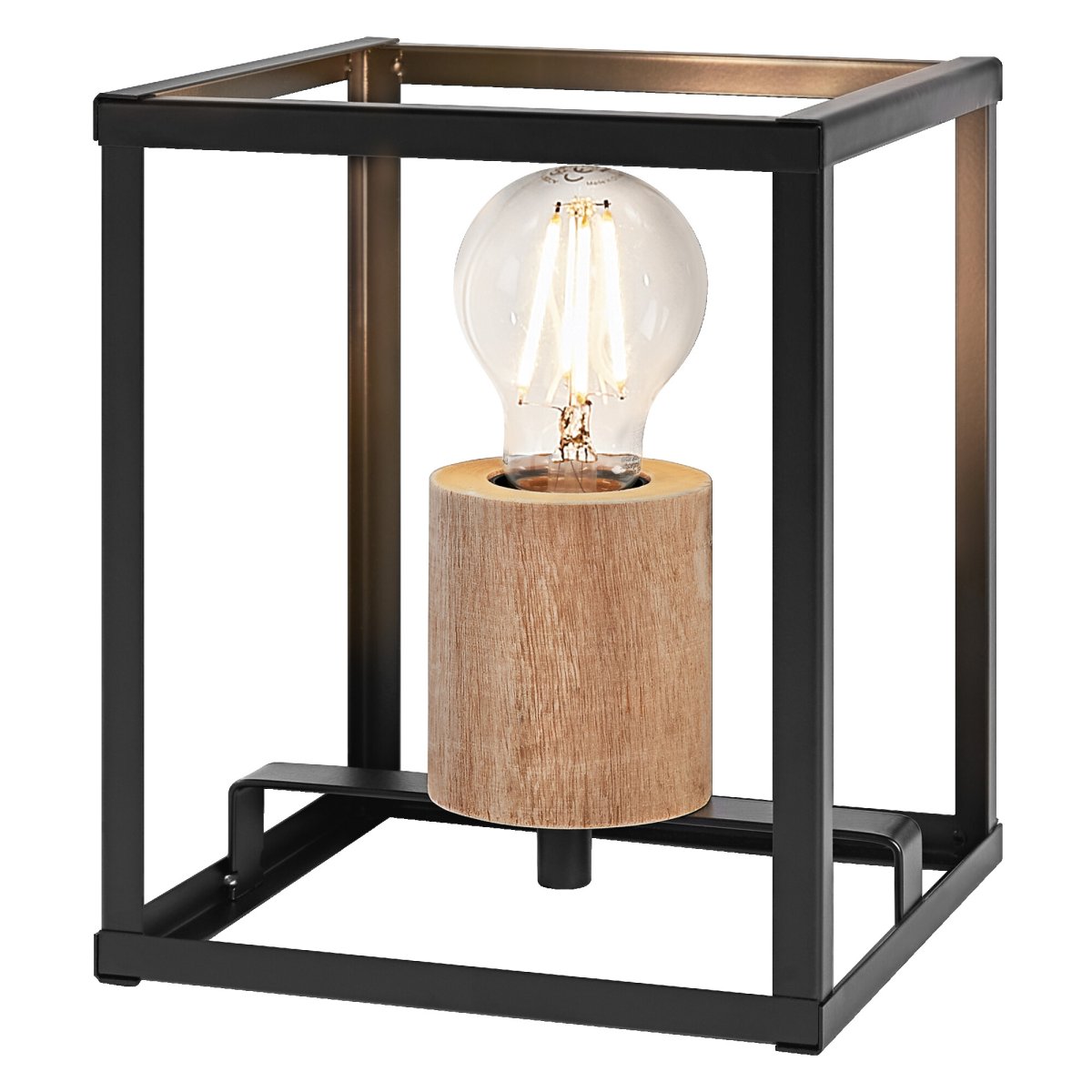 Nairobi 20cm Zwart tafellamp Van Ledvance - Het open, geometrische metalen frame in het zwart zorgt voor een luchtige en elegante uitstraling, terwijl de prachtige houten details een warme en uitnodigende sfeer cre&euml;ren.