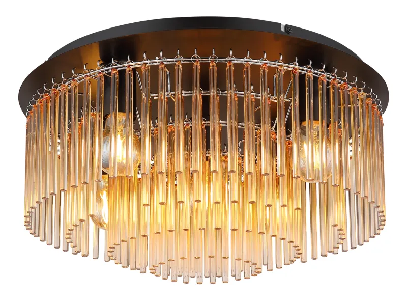 Gorley Ø50 Amber plafondlamp Van Globo Lighting - Dess design imponerar med en stilfull kombination av mattsvart metall och dekorativa stavar i klart och amberf&auml;rgat glas.