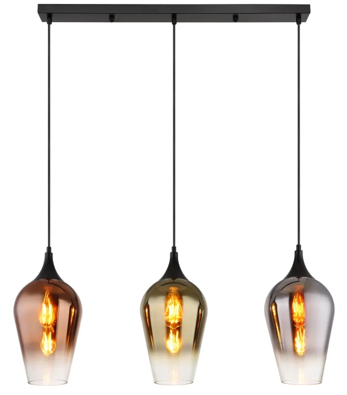 Lavus 83cm Zwart hanglamp Van Globo Lighting - Lavus &auml;r en elegant taklampa med tre dekorativa glaskupor i koppar-, guld- och kromfinish, vilket ger lampan en modern och stilfull karakt&auml;r.