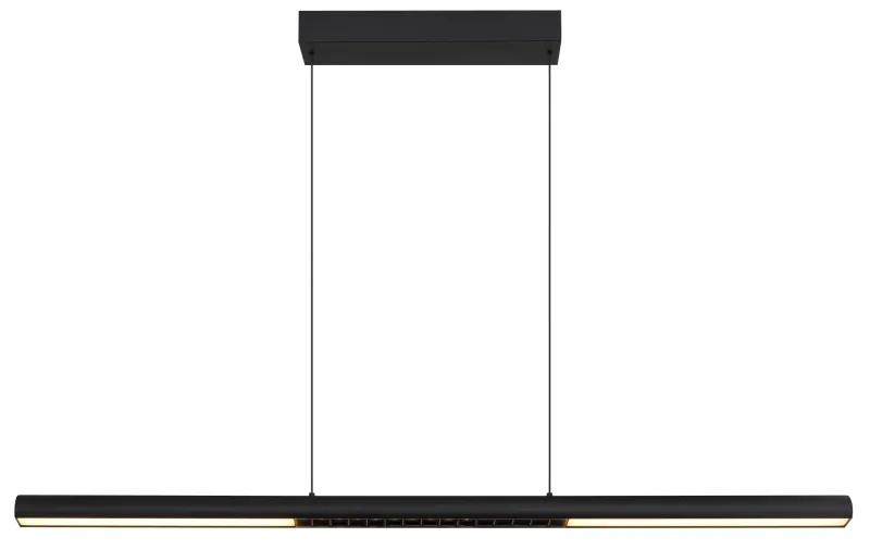 Cody 120cm Zwart hanglamp Van Globo Lighting - Lampan &auml;r tillverkad av aluminium i en mattsvart finish som ger ett elegant och tidl&ouml;st uttryck som smidigt sm&auml;lter in i olika inredningsstilar, perfekt f&ouml;r stora matbord eller k&ouml;ks&ouml;ar.