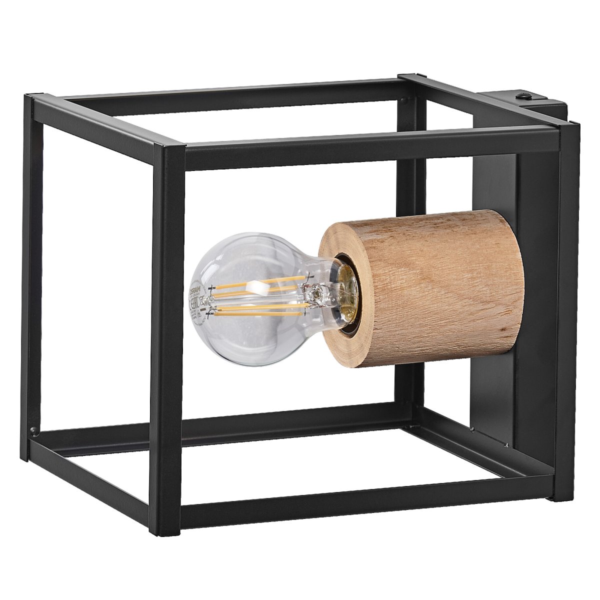 Nairobi 22cm Zwart wandlamp Van Ledvance - Het open metalen frame in het zwart zorgt voor een luchtige en industriële look, terwijl de elegante houten details een warm en natuurlijk contrast vormen.