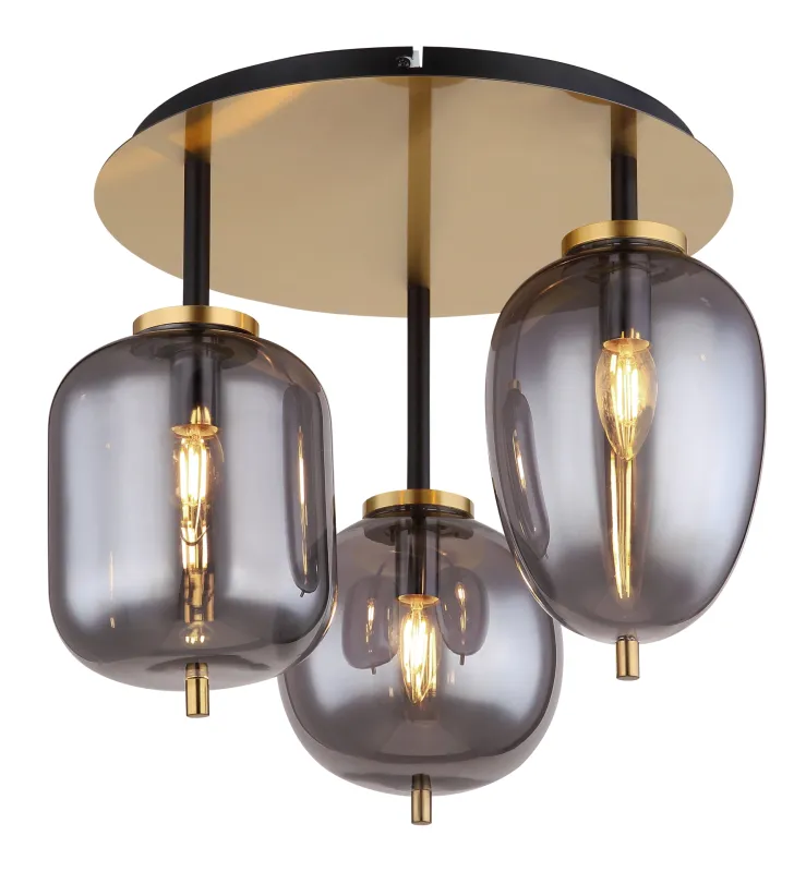 Blacky Ø46 Messing plafondlamp Van Globo Lighting - Lampan &auml;r utrustad med 3st r&ouml;kf&auml;rgade glaskupor i olika former, som h&auml;nger fr&aring;n taket p&aring; mattsvarta st&auml;nger f&auml;sta vid en m&auml;ssingsf&auml;rgad bas.